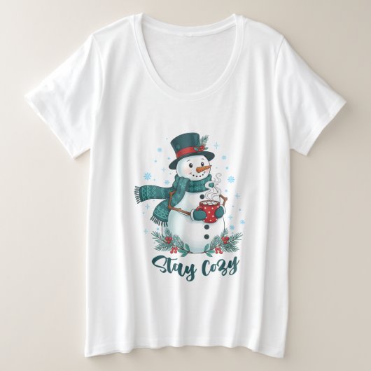 ホットココアとウィンタースノーマンで温かく プラスサイズTシャツ (デザイン正面)