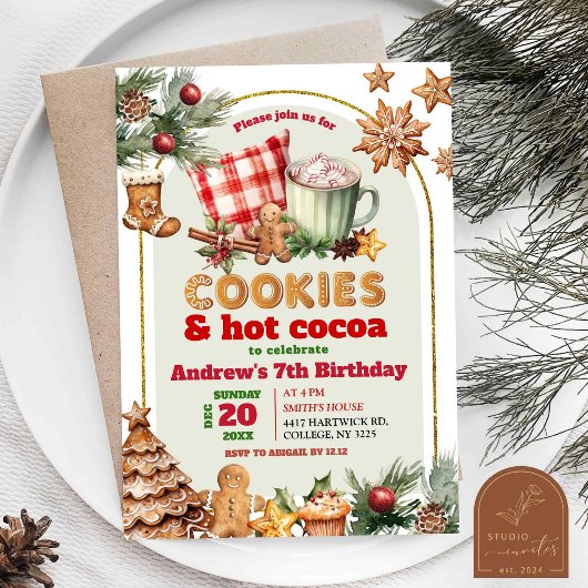 ホットココアと温かいクッキーのクリスマス子供の誕生日 招待状