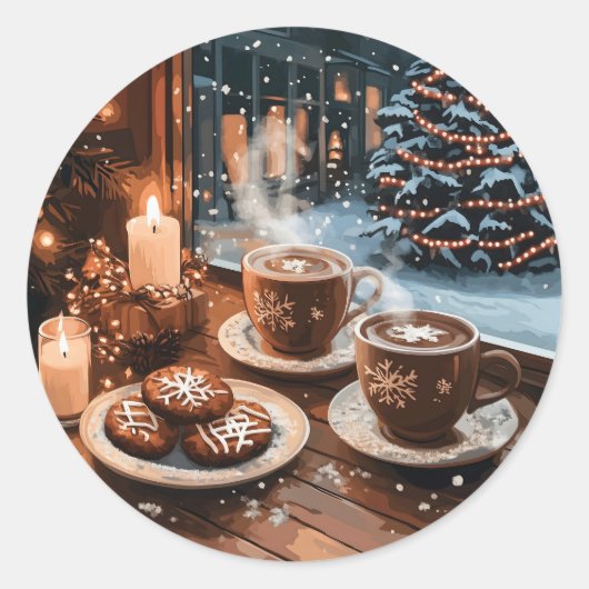 ホットココアとCookieと居心地の良い冬カフェ ラウンドシール (正面)