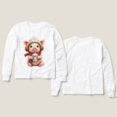 ホットココアのキュートな冬の豚のイラストTシャツ (デザイン 正面&背面)