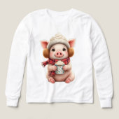 ホットココアのキュートな冬の豚のイラストTシャツ (デザイン正面)