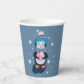 ホットココアを持つかわいいキャラクターペンギンの青い紙コップ 紙コップ (正面)