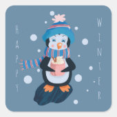 ホットココアを持つキャラクターペンギンのブルーステッカー スクエアシール (正面)