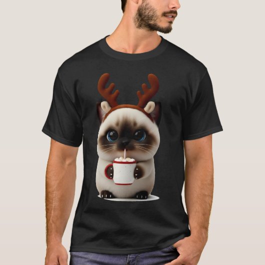 ホットココアを飲むトナカイの子猫 Tシャツ (正面)