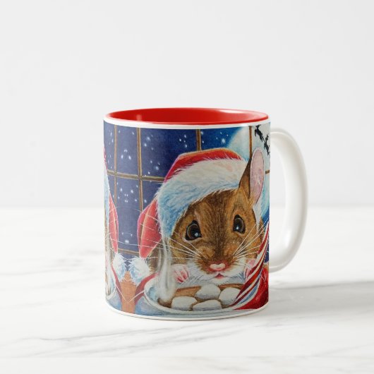ホットココアウォーターカラーアートとサンタフィールドマウス ツートーンマグカップ (正面右)