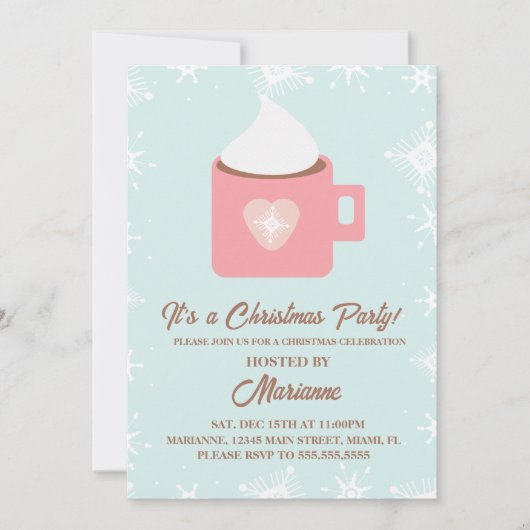 ホットココアスノーフレークスクリスマスパーティー 招待状 (正面)