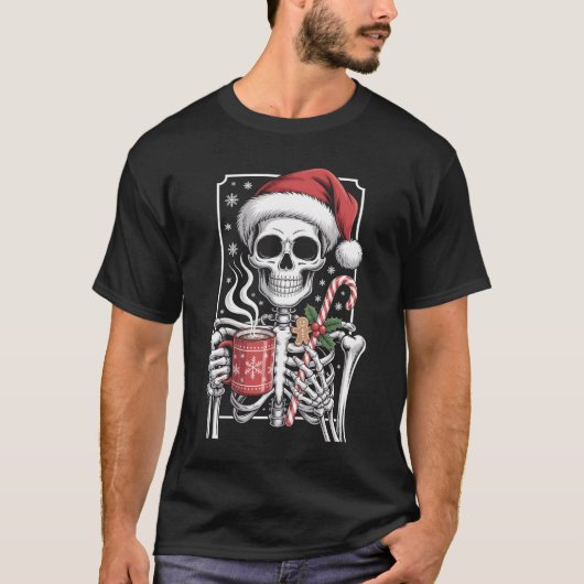 ホットココアマグのサンタスケルトン キャンディケイン W Tシャツ (正面)