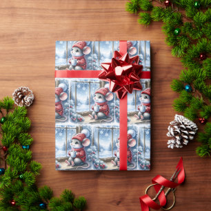 ホットココア付き窓のクリスマスマウス ラッピングペーパー