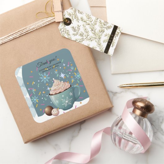 ホットココア冬の雪片を振りかける赤ちゃんシャワー スクエアシール (ギフト)