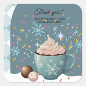 ホットココア冬の雪片を振りかける赤ちゃんシャワー スクエアシール (正面)