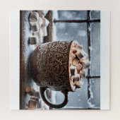 ホットココア窓の冬の雪 ジグソーパズル (横)