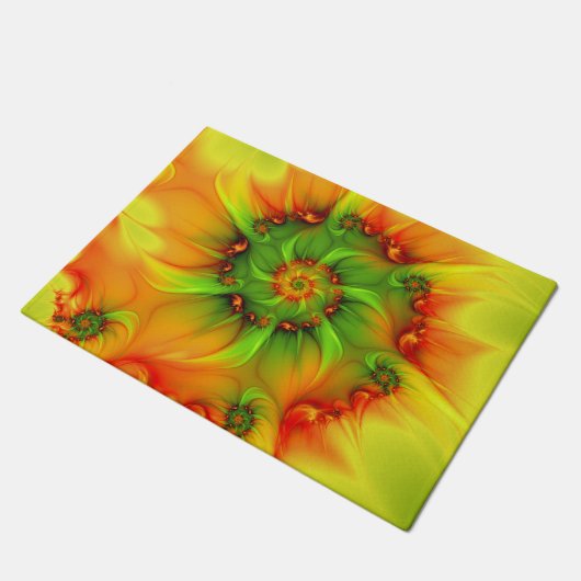 ホットサマーグリーンオレンジ抽象芸術フラクタルカラフル ドアマット (アングル)