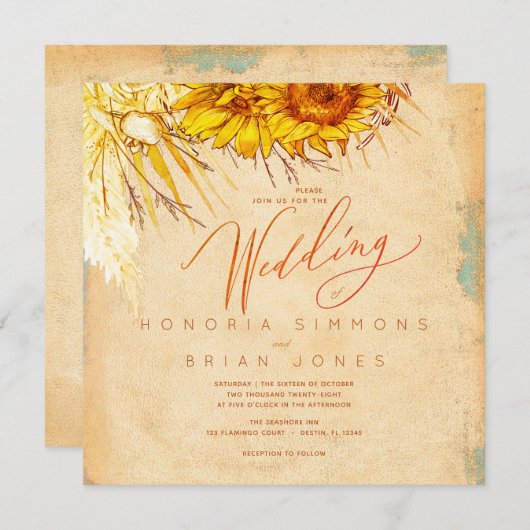 ホットサンセットサンフラワースクエア結婚式招待状 (正面/裏面)