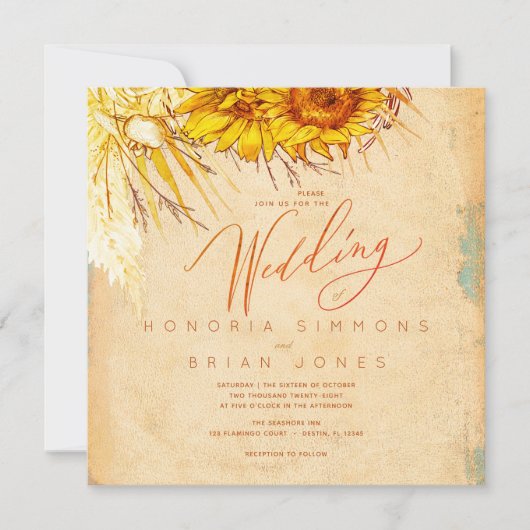 ホットサンセットサンフラワースクエア結婚式招待状 (正面)