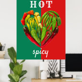 ホットスパイシーな赤い緑の唐辛子ハート ポスター (ホームオフィス)
