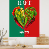 ホットスパイシーな赤い緑の唐辛子ハート ポスター (キッチン)