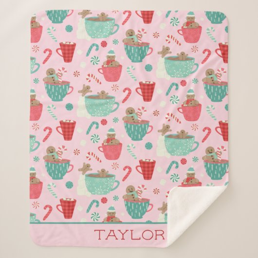 ホットタブジンジャーブレッドかわいいピンクのホットココアパターン シェルパブランケット (正面)