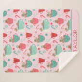 ホットタブジンジャーブレッドかわいいピンクのホットココアパターン シェルパブランケット (正面(横))