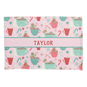 ホットタブジンジャーブレッドかわいいピンクのホットココアパターン 枕カバー