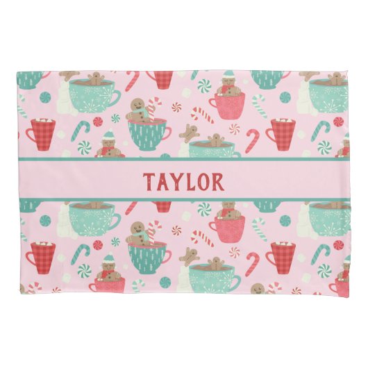 ホットタブジンジャーブレッドかわいいピンクのホットココアパターン 枕カバー (正面)