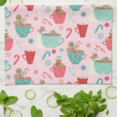 ホットタブジンジャーブレッドかわいいピンクホットココアパターンAc キッチンタオル (折り畳み)