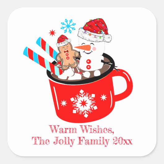 ホットチョコレートかわいいジンジャーブレッドクリスマス スクエアシール (正面)