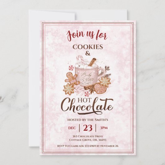 ホットチョコレートとクッキーのピンククリスマスパーティー 招待状 (正面)