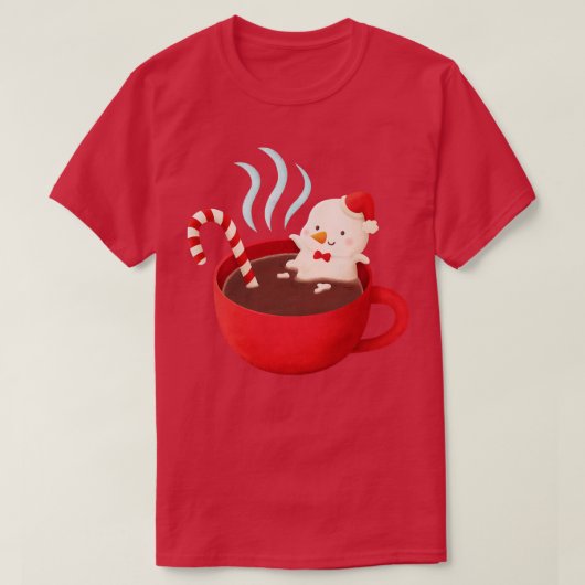 ホットチョコレートのかわいい溶け雪だるま Tシャツ (デザイン正面)