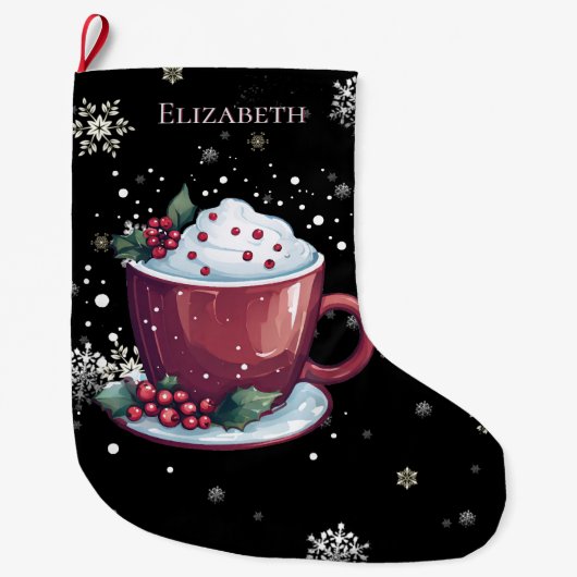 ホットチョコレートのクリスマスカッパーソナライズされたプ ラージクリスマスストッキング (正面)