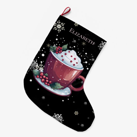ホットチョコレートのクリスマスカッパーソナライズされたプ ラージクリスマスストッキング (正面 (吊り時))