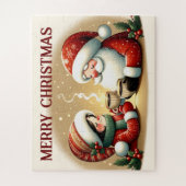 ホットチョコレートを楽しむサンタと子供 ジグソーパズル (縦)