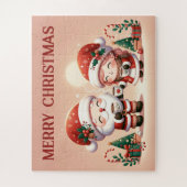 ホットチョコレートを楽しむサンタと子供 ジグソーパズル (縦)