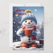 ホットチョコレートを楽しんで愛らしいクリスマス雪だるま シーズンカード (正面)