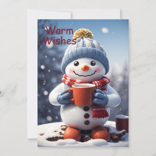 ホットチョコレートを楽しんで愛らしいクリスマス雪だるま シーズンカード (正面)