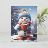 ホットチョコレートを楽しんで愛らしいクリスマス雪だるま シーズンカード (スタンド正面)