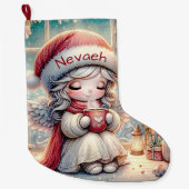 ホットチョコレートを飲むかわいいクリスマス天使 ラージクリスマスストッキング (正面)