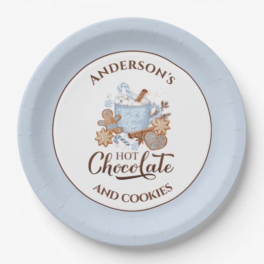 ホットチョコレートブルークリスマスネーム紙プレート ペーパープレート (正面)