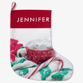 ホットチョコレート&キャンディーケーンかわいい ラージクリスマスストッキング (正面)