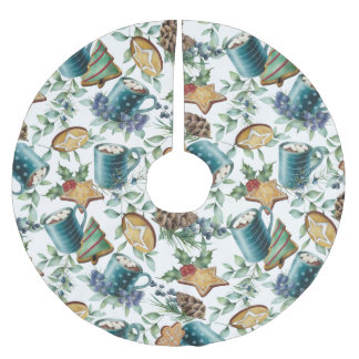 ホットチョコレート、クリスマスクッキー、グリーンリー ブラッシュドポリエステルツリースカート