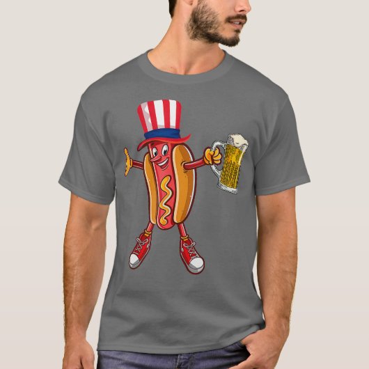 ホットドッグおもしろいアメリカ国旗の帽子4th用ビール飲み tシャツ (正面)