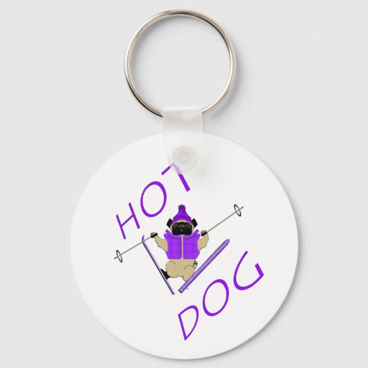 ホットドッグおもしろいスキーパグパープルジャケットとスキー キーホルダー (正面)