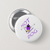 ホットドッグおもしろいスキーパグパープルジャケットとスキー 缶バッジ (正面&裏面)