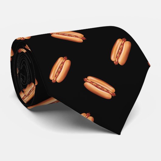 ホットドッグのファストフードの模様(黒) ネクタイ (ロール)