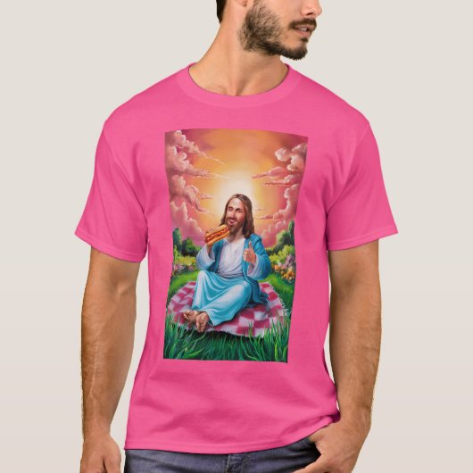 ホットドッグを楽しむ公園のイエス Tシャツ (正面)