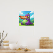 ホットドッグを楽しむ紫色の恐竜 ポスター (キッチン)