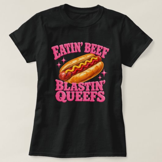 ホットドッグを食べるビーフ大暴れおなら面白い Tシャツ (デザイン正面)