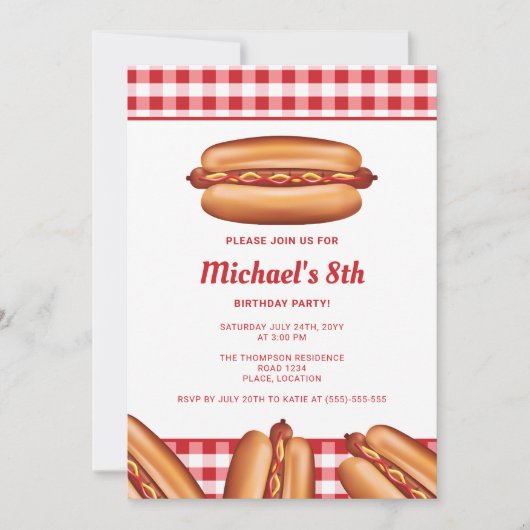ホットドッグファストフードイラストレーション誕生日パーティー 招待状 (正面)