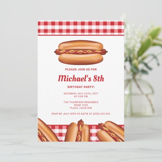 ホットドッグファストフードイラストレーション誕生日パーティー 招待状 (スタンド正面)
