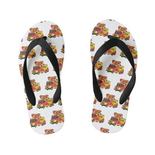 ホットドッグフードトラック漫画イラストレーション キッズビーチサンダル (フットベッド)