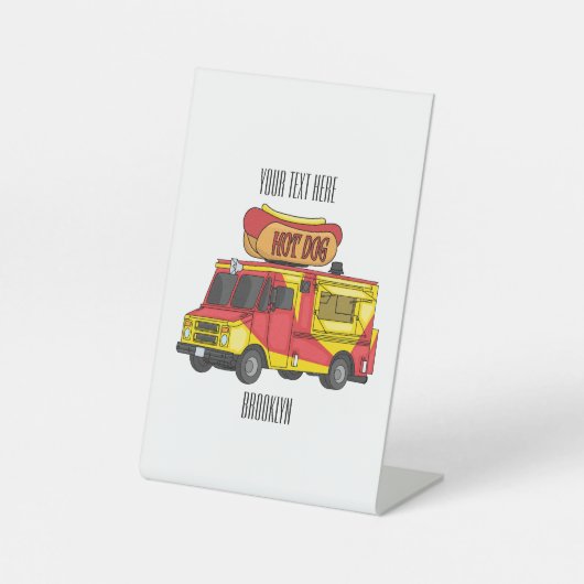 ホットドッグフードトラック漫画イラストレーション 台座サイン (正面)